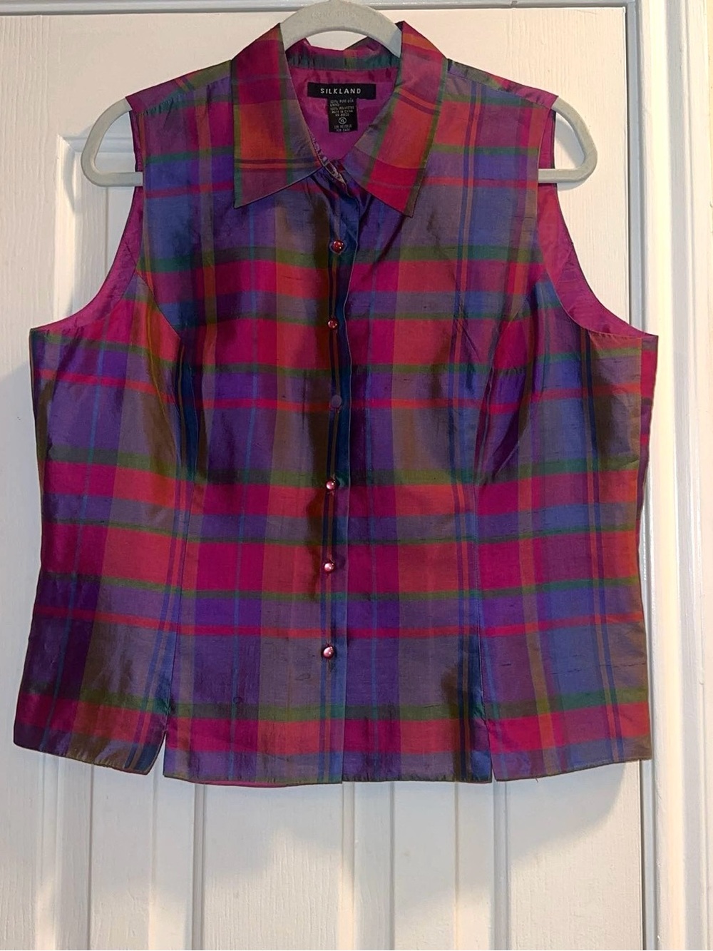 SilkLand 100% Silk Sleeveless Plaid Button-Front Top in Magenta and Purple